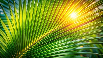Obraz premium Sunlight Filtering Through Vibrant Palm Fronds, Casting Golden Hues on Lush Green Foliage