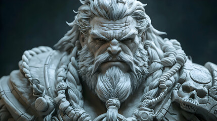 Fototapeta premium Detailed Clay Sculpture of a Warrior with Long White Hair and Beard, Wearing Braided Armor and Holding a Skull