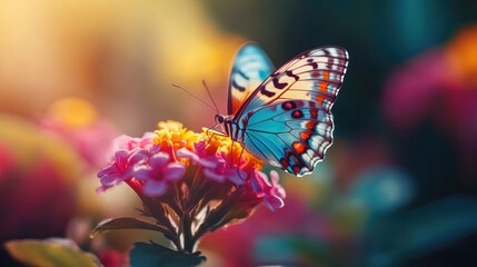 Obraz premium A colorful butterfly perched on a vibrant flower, captured in stunning detail, symbolizing beauty and the transformation of nature