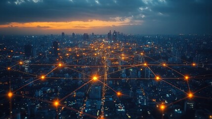 Aerial view of a cityscape illuminated by network connections.