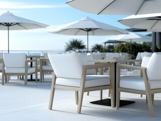 Fototapeta premium Elegant outdoor seating area with white chairs and umbrellas, perfect for relaxation or dining by the waterfront.