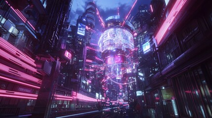 Obraz premium Futuristic Neon Megastructure Illuminating Night Cityscape - Ultra-Detailed Digital Illustration of Dynamic Energy Projections