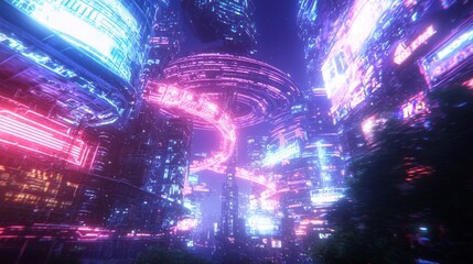 Fototapeta premium Neon Nights: Futuristic Megastructure Illuminated with Vibrant Energy in Urban Cityscape