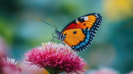Obraz premium Detailed shot of a butterfly on a flower, its vibrant wings and delicate form symbolizing the elegance of transformation