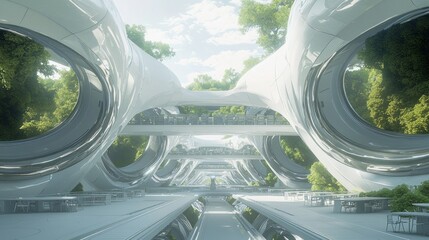Fototapeta premium Futuristic Innovation: Ultra-Detailed Digital Illustration of an Educational Megastructure harmonizing Nature, Tech, and Collaboration