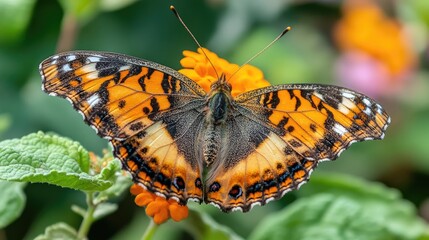Fototapeta premium Stunning close-up of a butterfly resting on a flower, with its intricate wings symbolizing nature's beauty and transformation