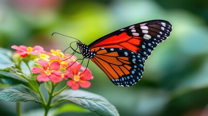 Fototapeta premium A beautiful butterfly with vibrant wings resting on a flower, captured in stunning clarity, symbolizing transformation and beauty