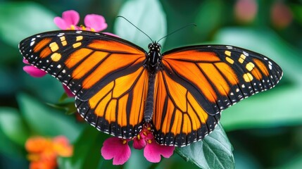 Fototapeta premium A beautiful butterfly with vibrant wings resting on a flower, captured in stunning clarity, symbolizing transformation and beauty