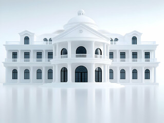 Obraz premium Elegant white mansion with classic architecture, featuring arched windows and a dome, isolated on a soft background.