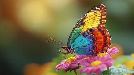 Obraz premium A colorful butterfly captured in stunning detail as it perches on a flower, symbolizing the beauty and elegance of transformation
