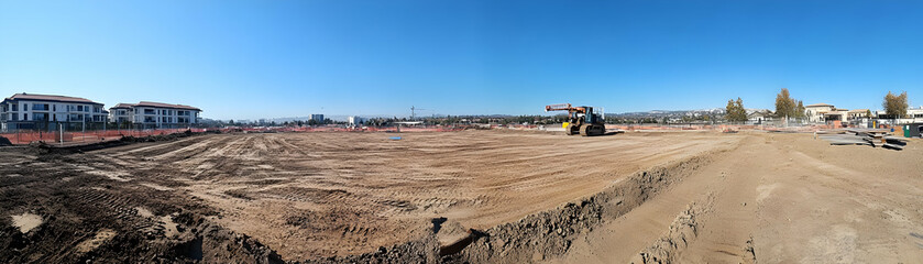 A Construction Site with a Excavator in the Foreground and Houses in the Background