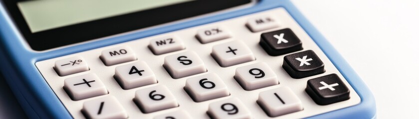 A close-up of a blue calculator with various buttons for mathematical functions.