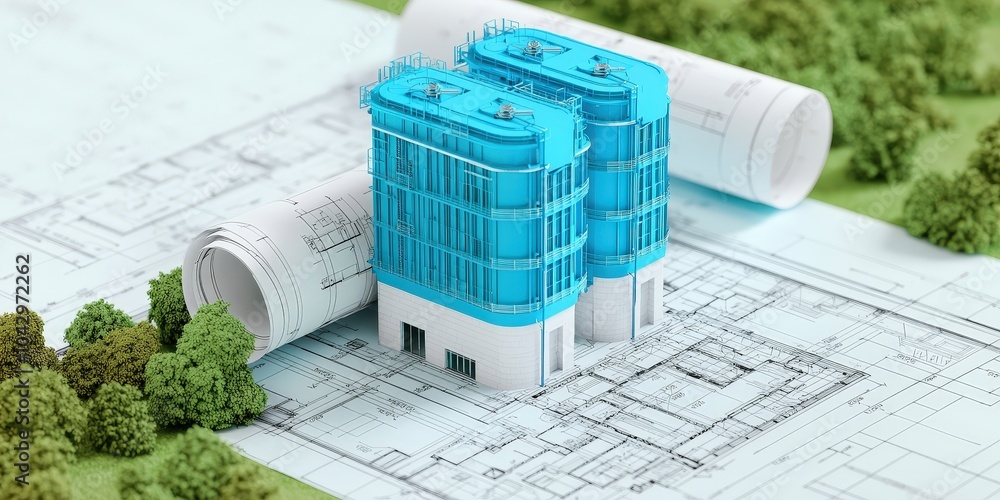 Poster architectural blueprints with 3d model of building construction