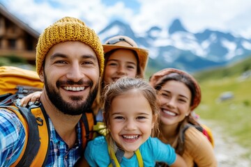 A smiling family of four on a hiking adventure in the mountains, dressed in colorful gear, embracing the spirit of exploration and the beauty of nature around them.