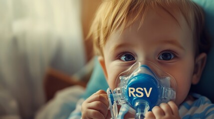 A child with a breathing mask labeled "RSV" gazes at the camera, conveying a scene of healthcare and childhood vulnerability.