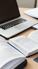A workspace featuring a laptop, open books, and documents for study or research.