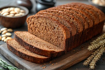 Sliced Rye Bread Loaf on Rustic Wooden Cutting Board