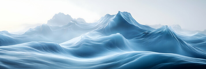 Abstract 3D Render of a Blue, Snowy, Foggy Mountain Landscape