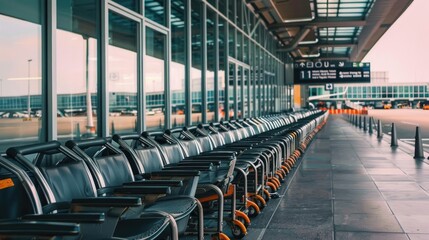 Obraz premium Row of empty luggage carts lined up outside airport terminal. Travel convenience, airport services, luggage handling, and passenger support.