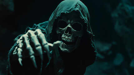 A ghostly skeletal figure in a hooded cloak, holding out its bony hands against a dark background, creating a scary and creepy scene