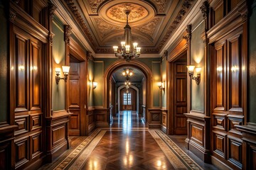 Obraz premium Elegant dimly lit hallway with classic architectural details and high ceilings