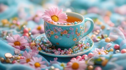 Colorful fresh cup of tea with flowers and beads 