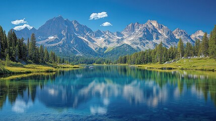 Serene mountain landscape with a reflective lake and clear skies.