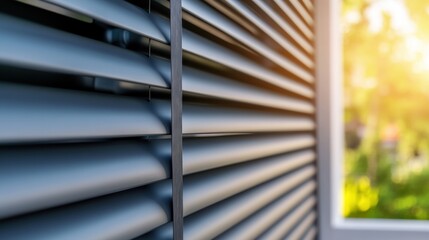 Sunlight filters through modern window blinds, casting soft shadows indoors, AI