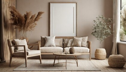 Mock up frame in home interior background, beige room with natural wooden furniture, Scandinavian style, 3d render