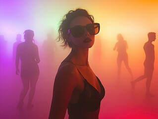 Woman with sunglasses and a tight dress on colorful light background with fog