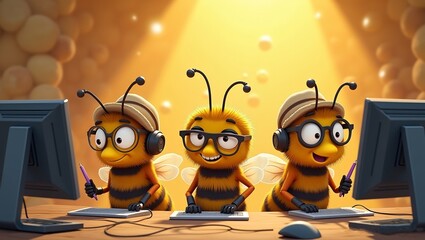 animated illustration organizer team for a bee battle competition bees battle planning inside of their honeycomb pencils and sitting in front of computers background is a hive