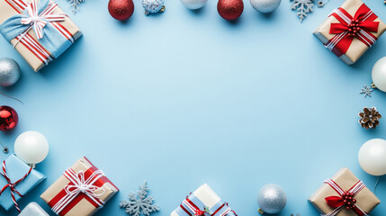 Obraz premium 3D gift boxes material with stripes ribbon bow blue white red background for Christmas New Year decorated by christmas tree branches ornament xmas ball