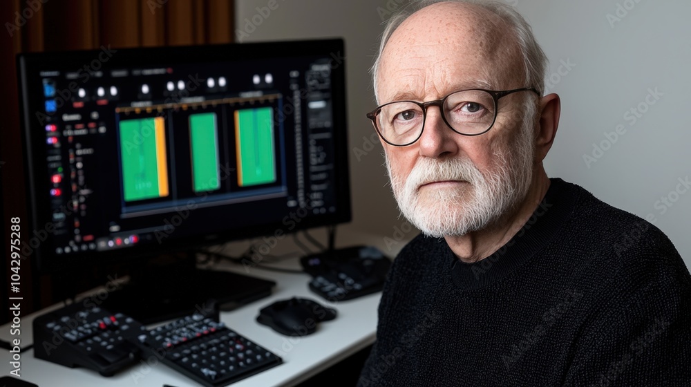 Poster senior man looking at camera while working on audio editing software