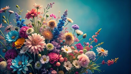 A vibrant tapestry of blossoms, a symphony of colors and textures against a cool blue backdrop, showcasing nature's artistic brilliance.