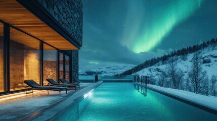 Obraz premium A group of Latino and multicultural wellness enthusiasts enjoying a retreat under the northern lights, combining relaxation with breathtaking natural views.