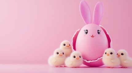 Obraz premium Cute chicks gather around a pink bunny egg on a pastel background, AI