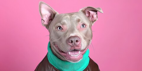 Happy Pitbull Dog in Leather Jacket and Green Scarf on Pink Background