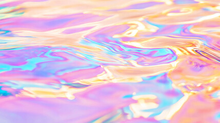 Fototapeta premium 3D iridescent glossy pastel rainbow water holographic ocean wave dynamic motion splash flow surface with sun glare glittering shimmering background for graphic design and wallpaper with copy space