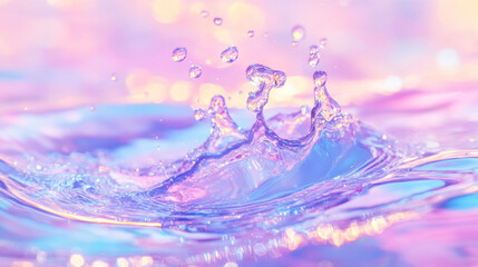 3D iridescent glossy pastel rainbow water holographic ocean wave dynamic motion splash flow surface with sun glare glittering shimmering background for graphic design and wallpaper with copy space