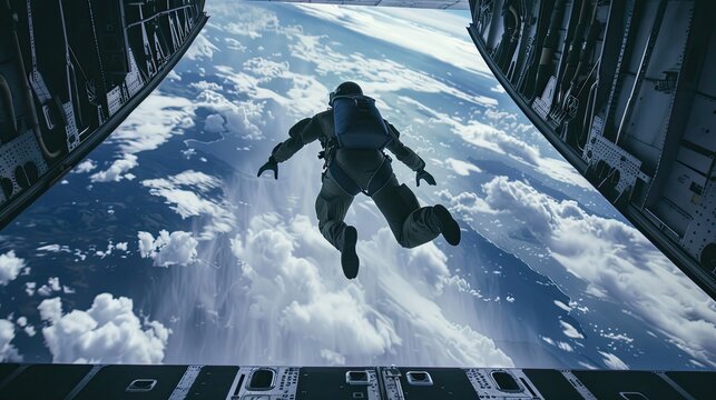 Skydiver jumping. A person jumping from a plane, free-falling through the sky with a parachute pack on, surrounded by clouds.