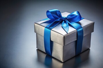 Obraz premium Elegant silver gift box with blue bow on gray background