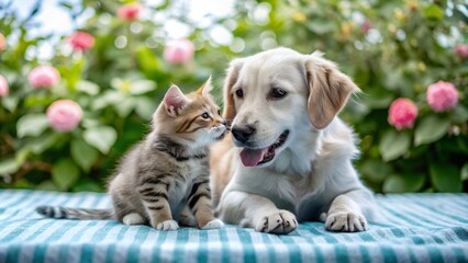 Cute Cat, kitten and puppy outdoors in long green grass in bake background white and Pink
