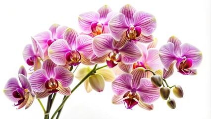 Elegant unique bouquet of orchids on white background