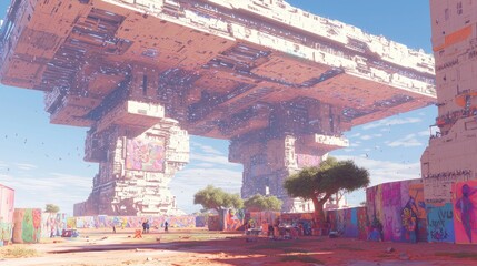 Futuristic Megastructure Street Art Scene: Vibrant Local Artists Showcase Talent with Murals, Installations & Performances in Epic Digital Illustration