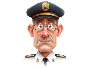 A cartoonish portrayal of a worried police officer with a mustache, glasses, and a cap, expressing a comically serious demeanor.