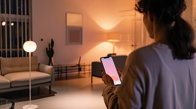 Hand holding smartphone controlling smart home lighting system in a modern kitchen. Interior scene featuring smart home technology with warm ambient lighting.