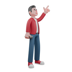 Professional Cartoon Male Singer. A male singer is standing while holding a mic and pointing upwards. 3D Character