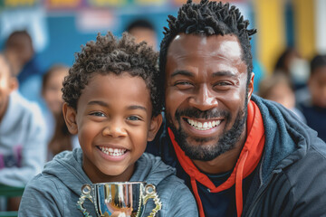 Coach cheers with the young champion holding a trophy and smiling brightly in the school gym.