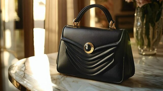 A black leather handbag with gold accents sits on a marble table.