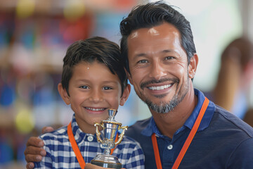 Coach cheers with the young champion holding a trophy and smiling brightly in the school gym.